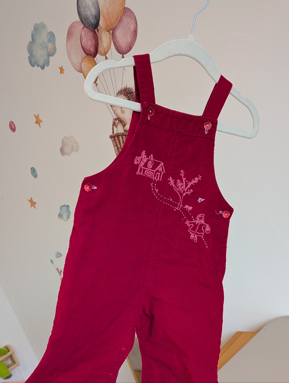 VINTAGE - Jacadi - 12M -  Red Embroidered Corduroy Overalls - 100% COTTON